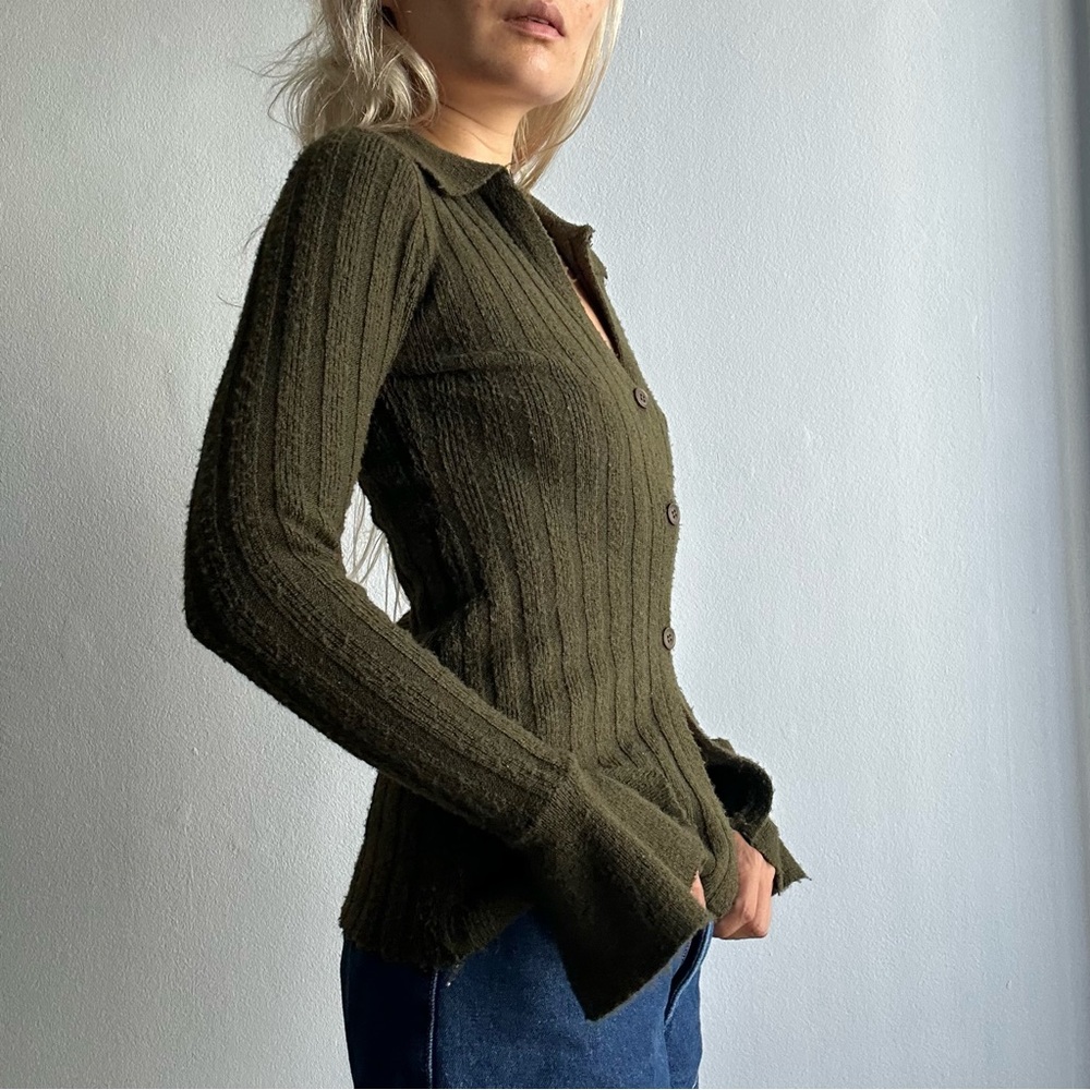 Princess Polly Ribbed Knit Cardigan w/ Slit Bell Sleeves in Olive Green - Picture 2 of 11